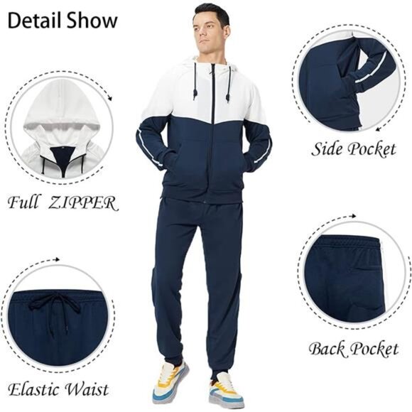 Men's Hooded Athletic Tracksuit Sweatsuit LongSleeve Full-Zip Jogging Sweatpants - Picture 4 of 5